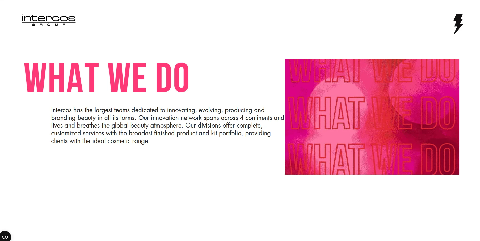 Intercos Group page with 'What We Do' in bold pink text, description of beauty innovation, and abstract pink design.